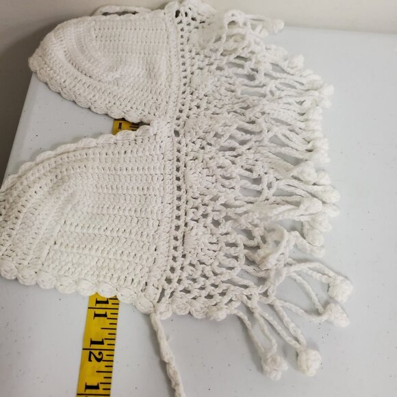 Womens Coachella Festival Fringe Crochet Halter Top Size XXS White Cropped Beach - Picture 4 of 11